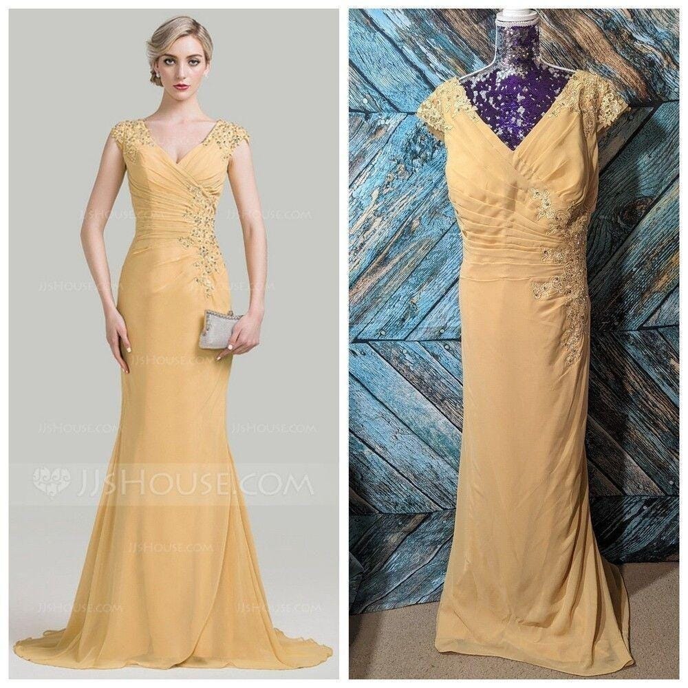 Glam‎ Gold Mermaid Formal Gown Lace Sequin V Neck JJ's House